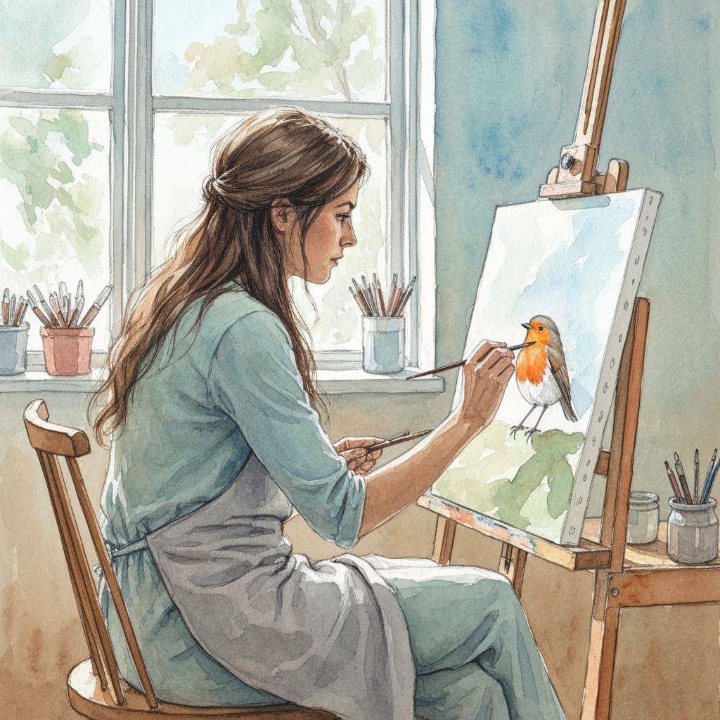 Woman Painting a Robin in Sunlit Studio, Watercolor Pencil S...