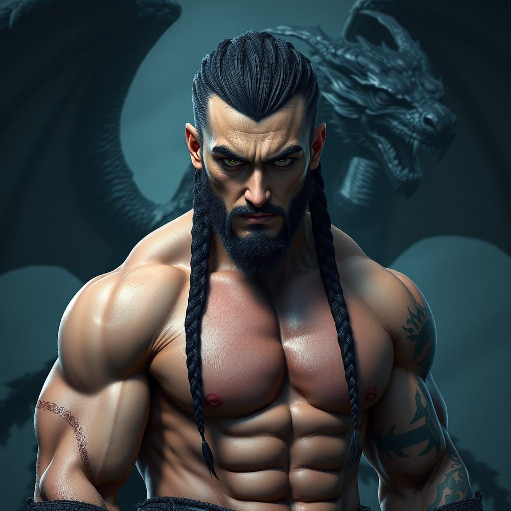 Muscular Viking Warrior with Dragon in the Background