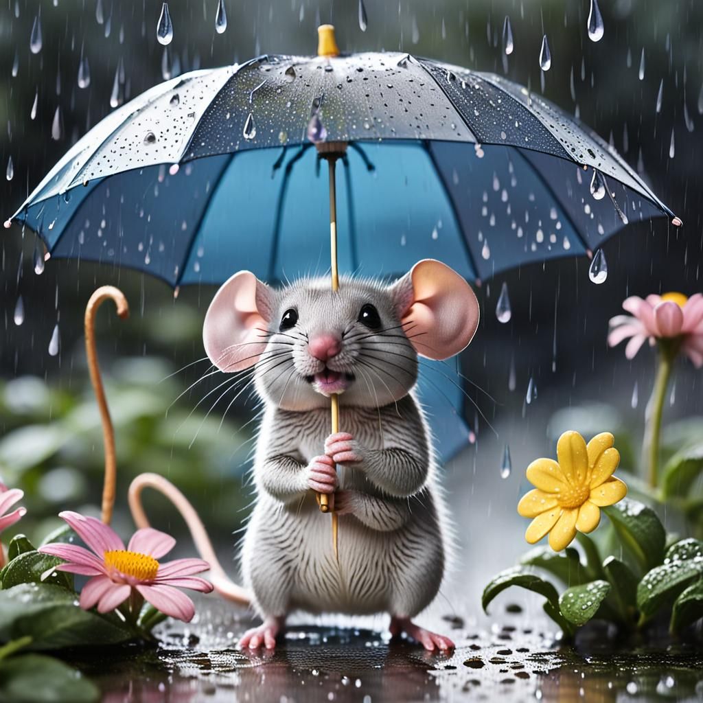 A tiny mouse holding an umbrella in the rain hiding under a flower