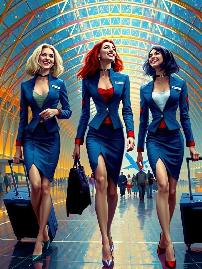Stewardesses in Airport, Impressionistic Style