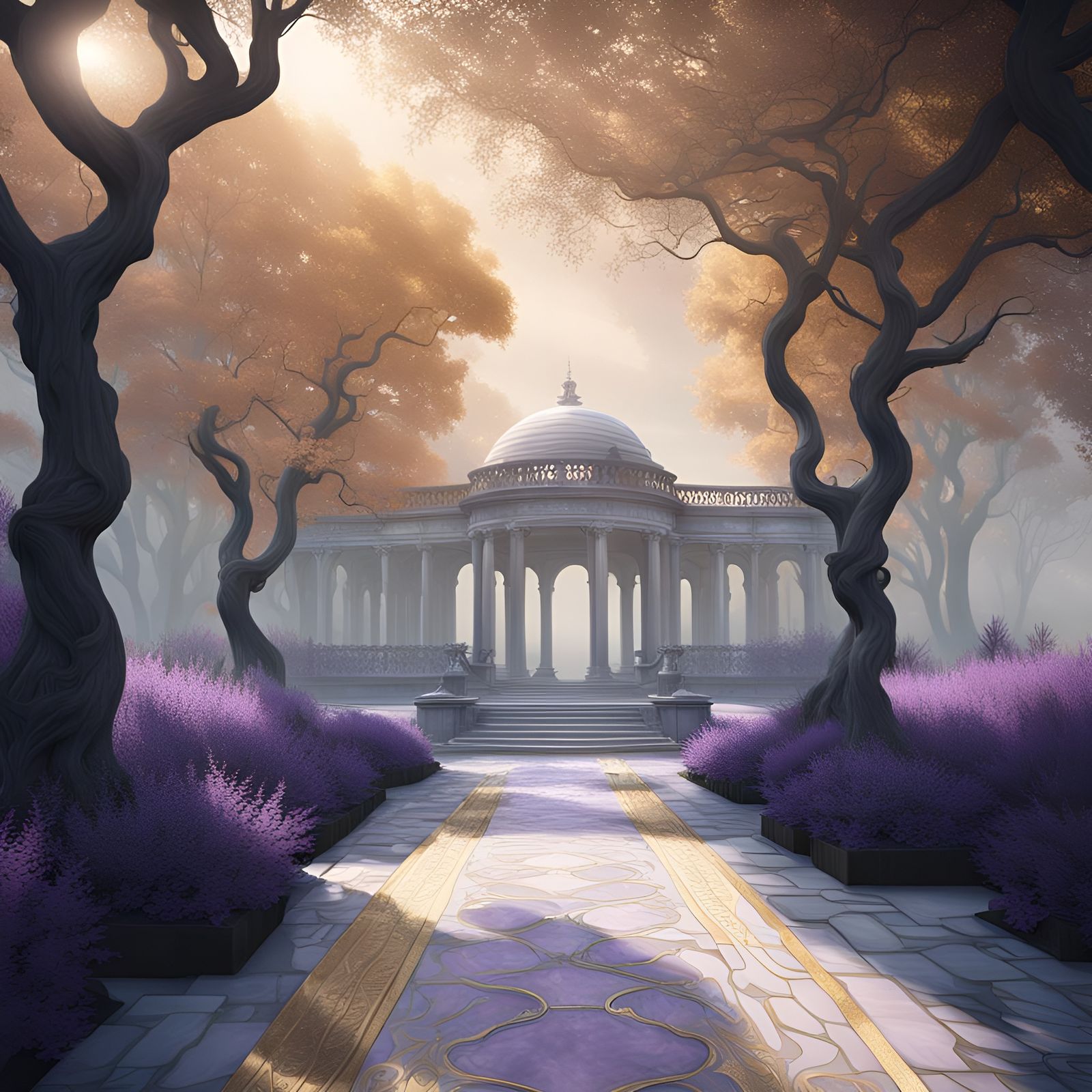 Palladian Garden Pathway in Stylized Illustration