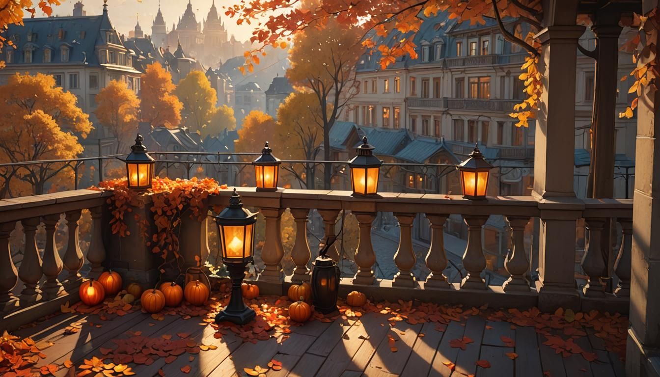 Balcony View Over Autumnal Town as Digital Art