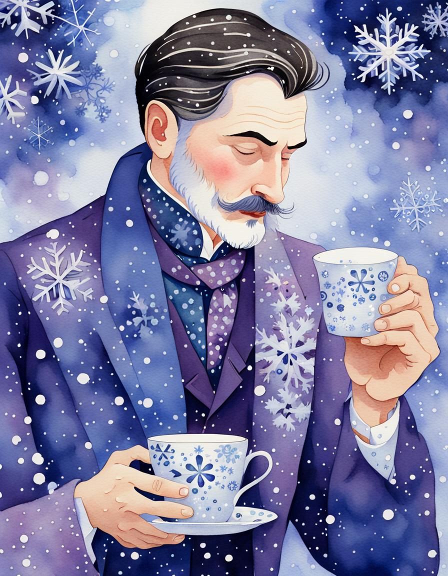 Man Savoring Coffee in Snowy Whimsy
