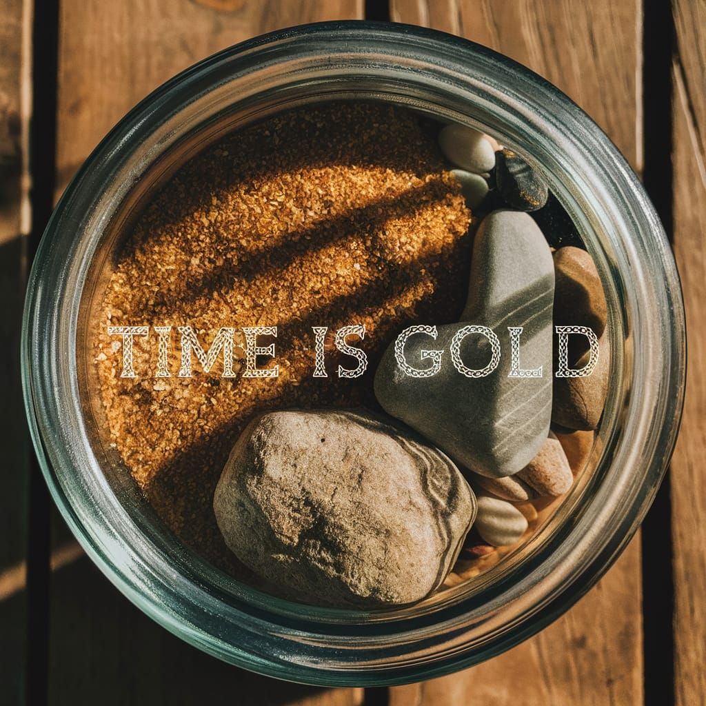 A photo of a rock, pebbles and sand in a jar. Natural lighti...