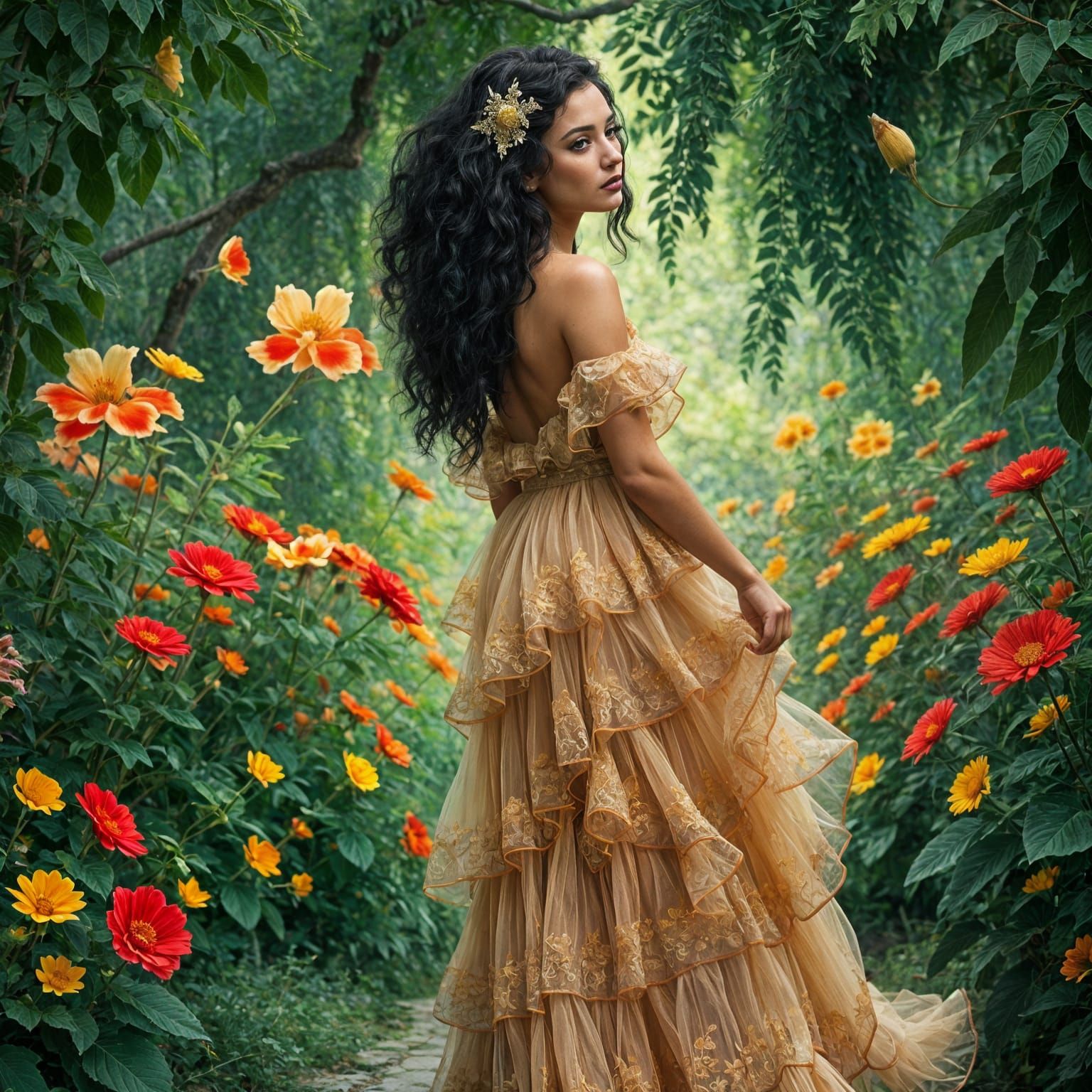 Woman in Embroidered Tulle Gown in Magical Garden