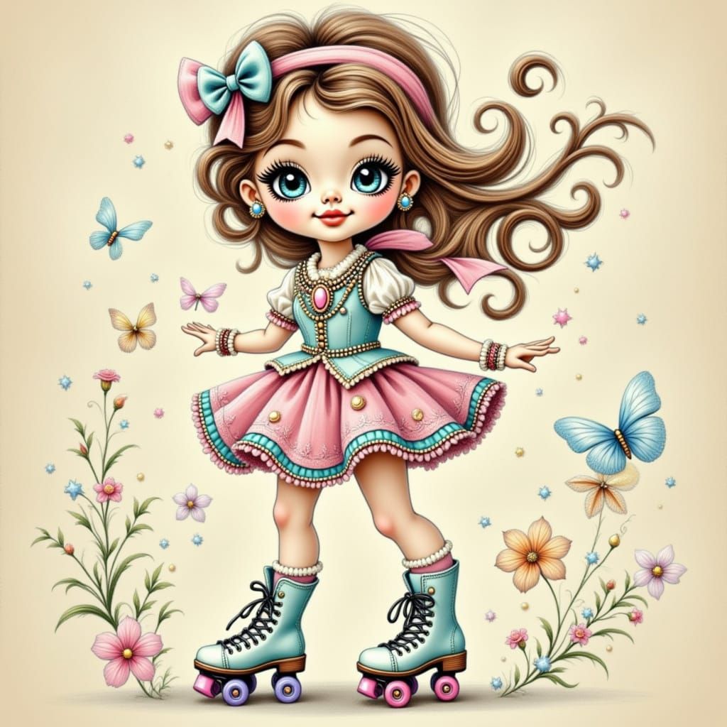 Quirky Girl on Roller Skates in Chalk Art Style