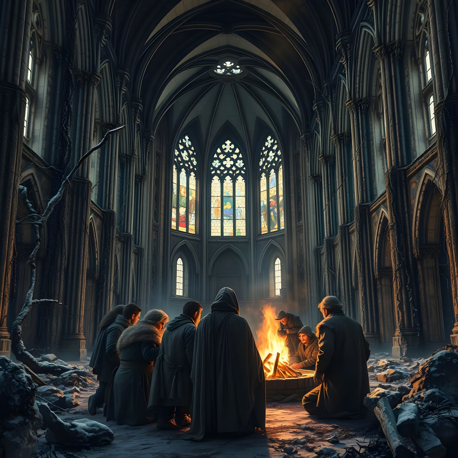 Dramatic Scene of Survivors in Ruined Gothic Cathedral