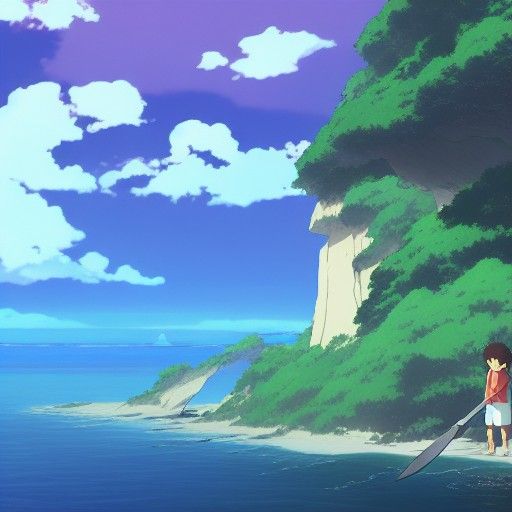 Remote Island Boy with Knife: Ghibli Anime Style