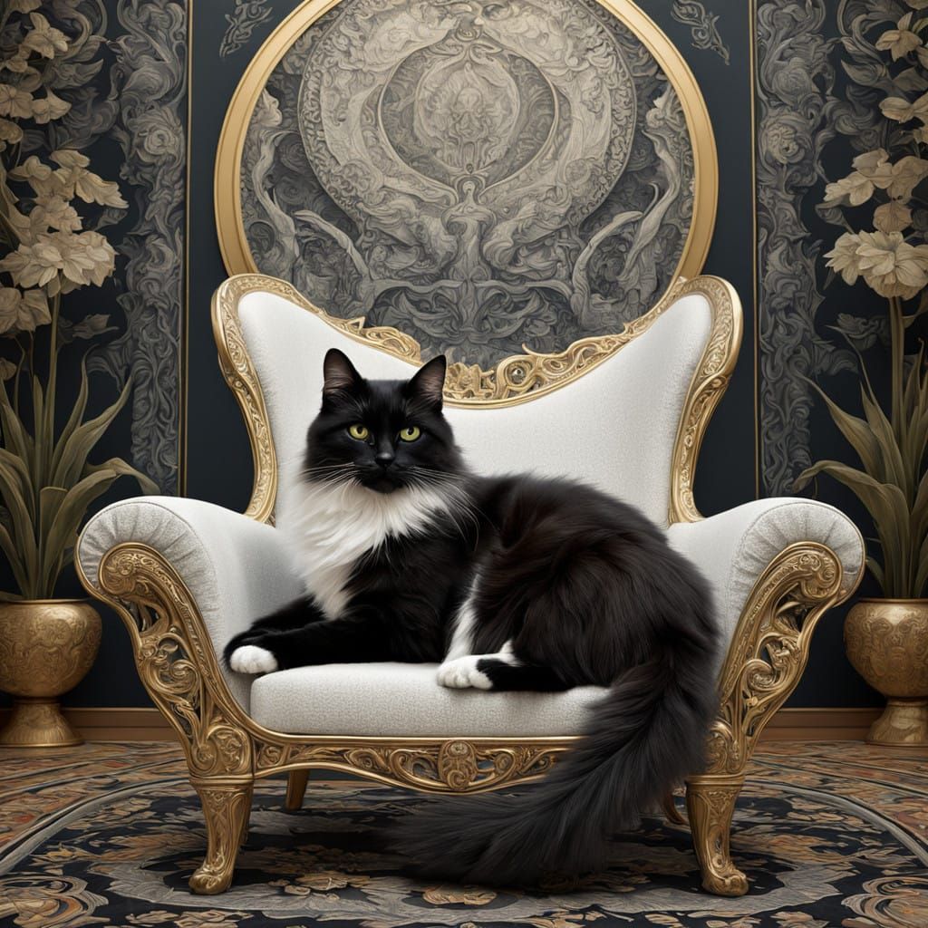 Elegant Cat in Cubism-Inspired Art Nouveau Tapestry