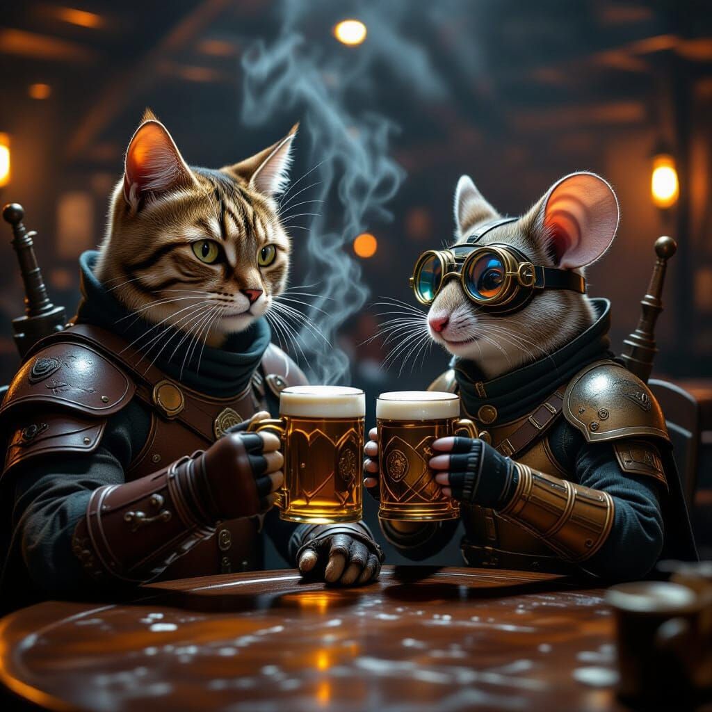 Cat and Mouse Warriors Toasting in Steampunk Bar