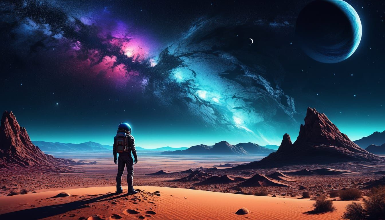 Milky Way Galaxy Over Alien Moon in Sci-Fi Art