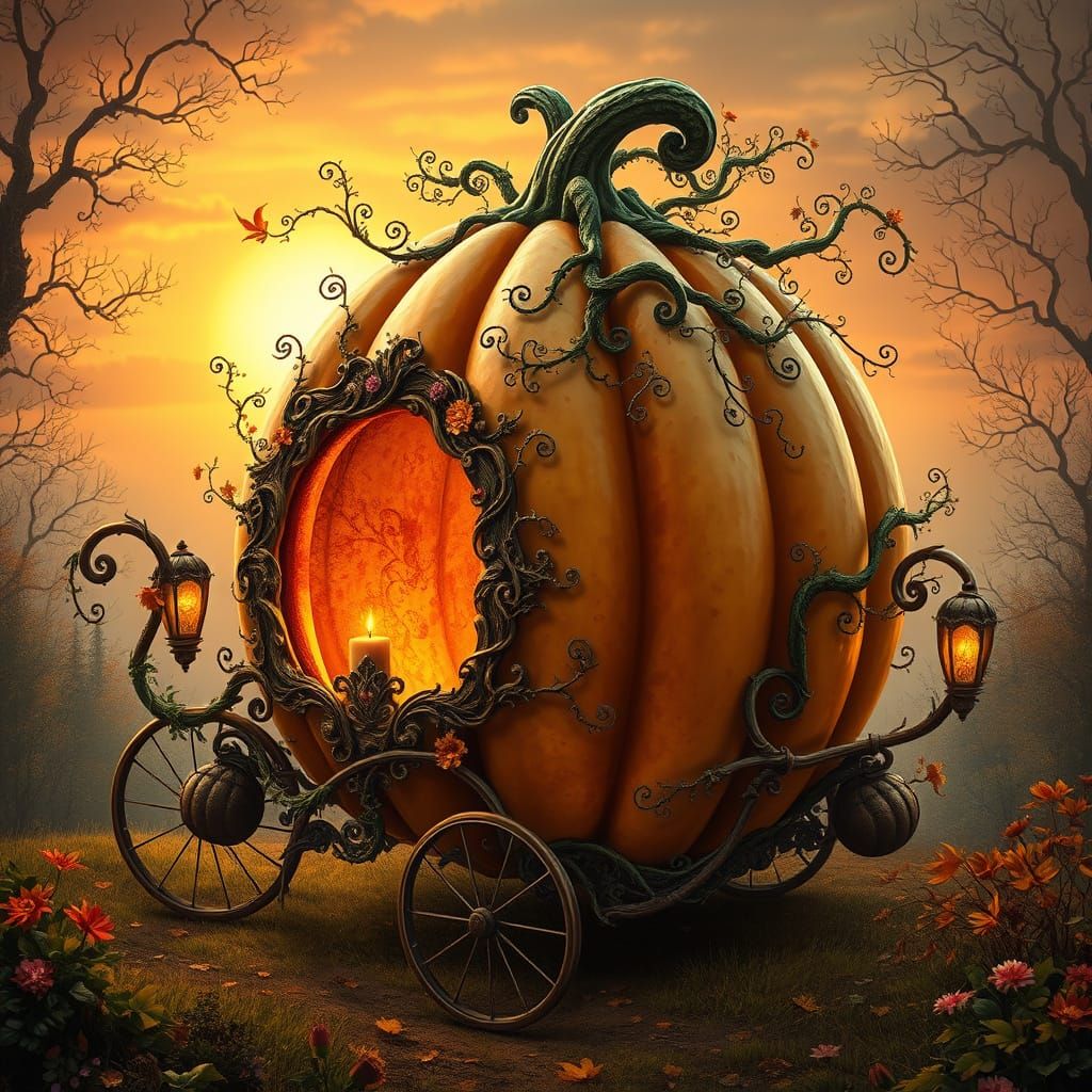 Mystical Pumpkin Carriage in Sunset Glory