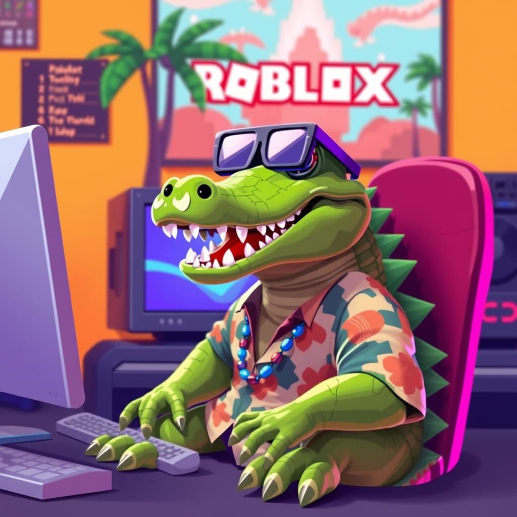 Crocodile Gamer Plays Roblox in Pixelated Style