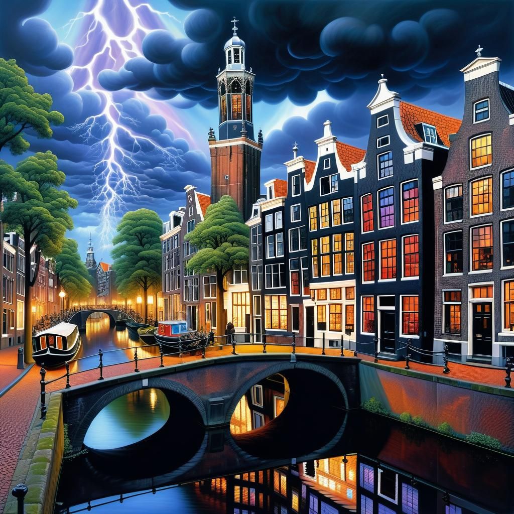 Gothic-Punk Amsterdam Tower Under Stormy Skies