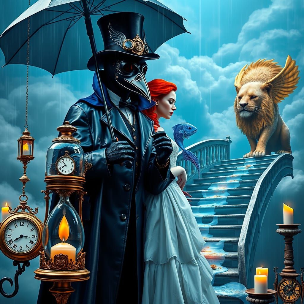 Steampunk Plague Doctor with Valkyrie in Surreal Rain