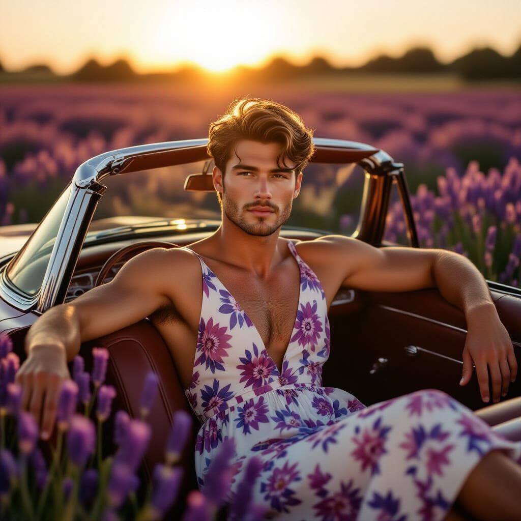 Man in Sundress Poses on Classic Car in Lavender Field