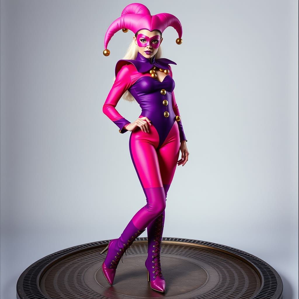 Confident Jesteress in Vibrant Jester Costume