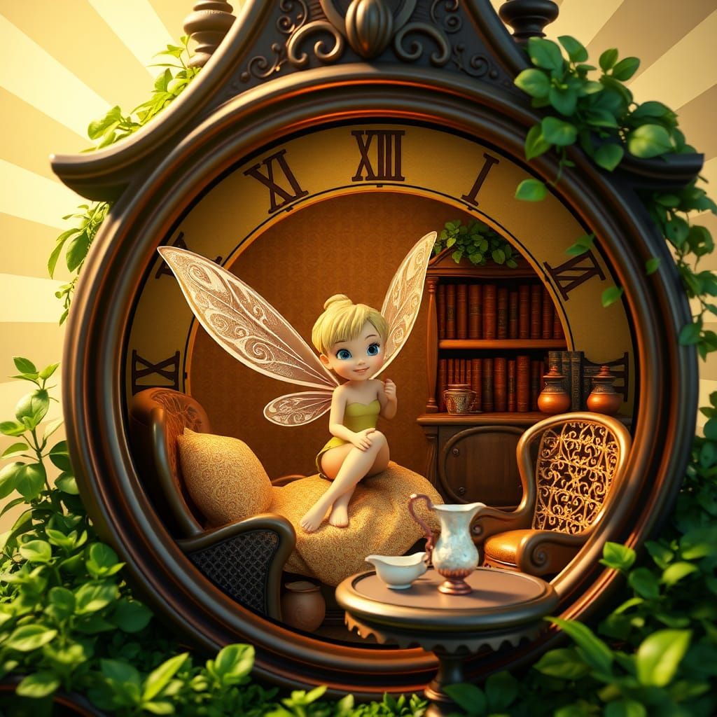 Pixar style Tinkerbell at home in side of her wall clock house, complete with bed, chair, bookshelf and table