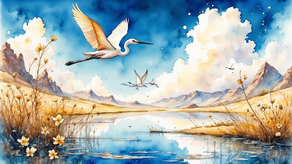 Egrets Flying Over Desert Rice Fields in Watercolor Style