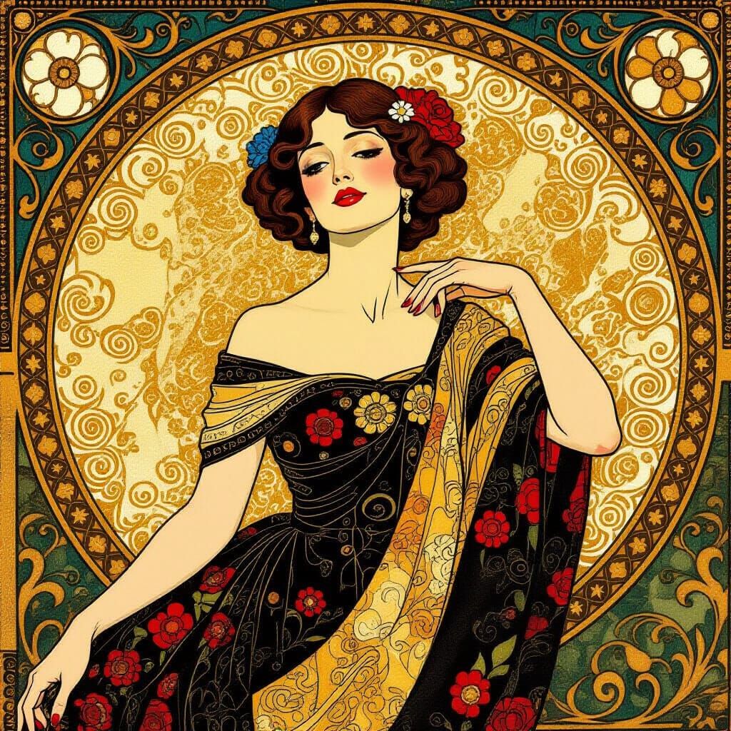 Woman Puts Out Tongue in Klimt-Inspired Art Nouveau Style