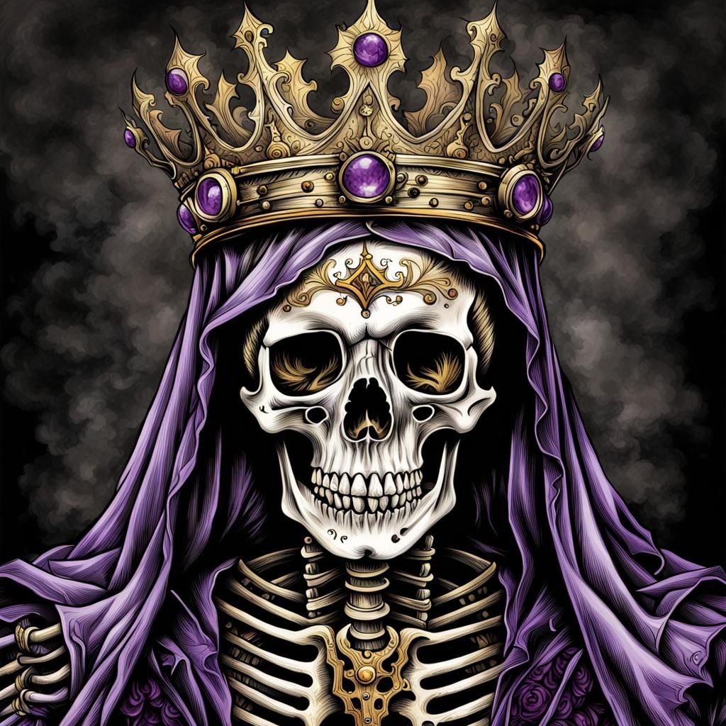 Undead skeleton wearing a crown, evil undead insanely detailed charcoal drawing.  hyperdetailed, intricately detailed, S...