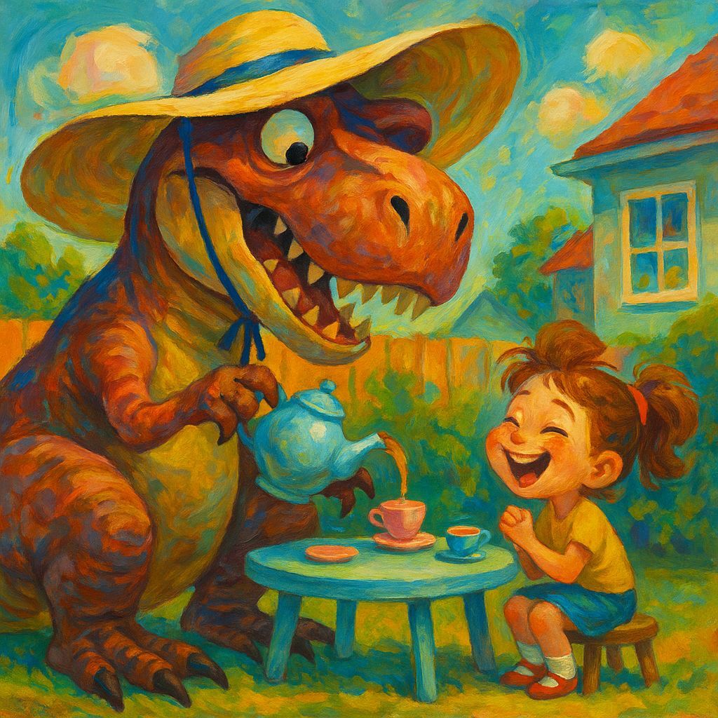 T-Rex Babysitting a Girl in Pastel Colors
