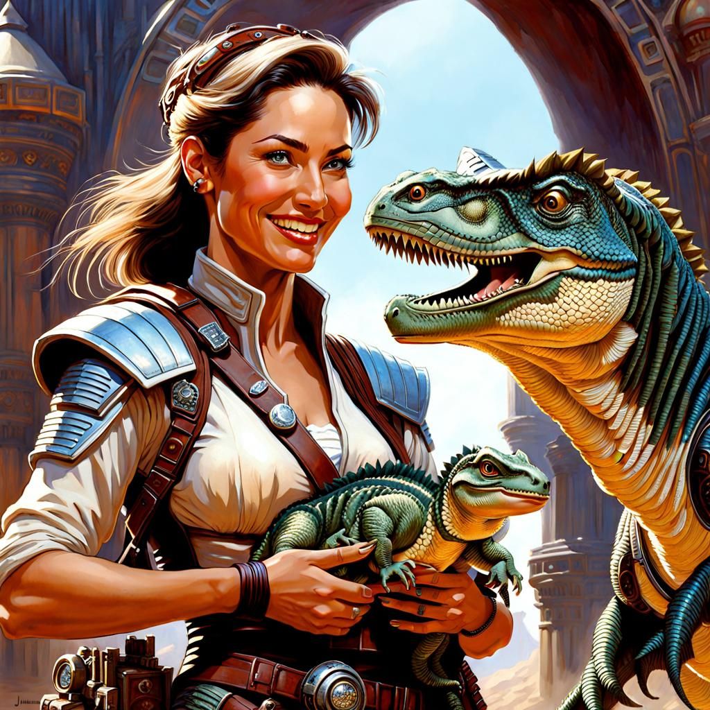 Dinotopia Scene of Adventurer with Baby Dinosaur