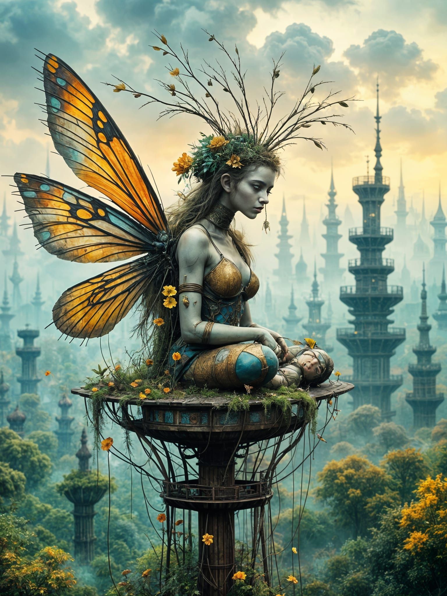 Biomechanical Fairy on Radio Tower in Photorealistic Style