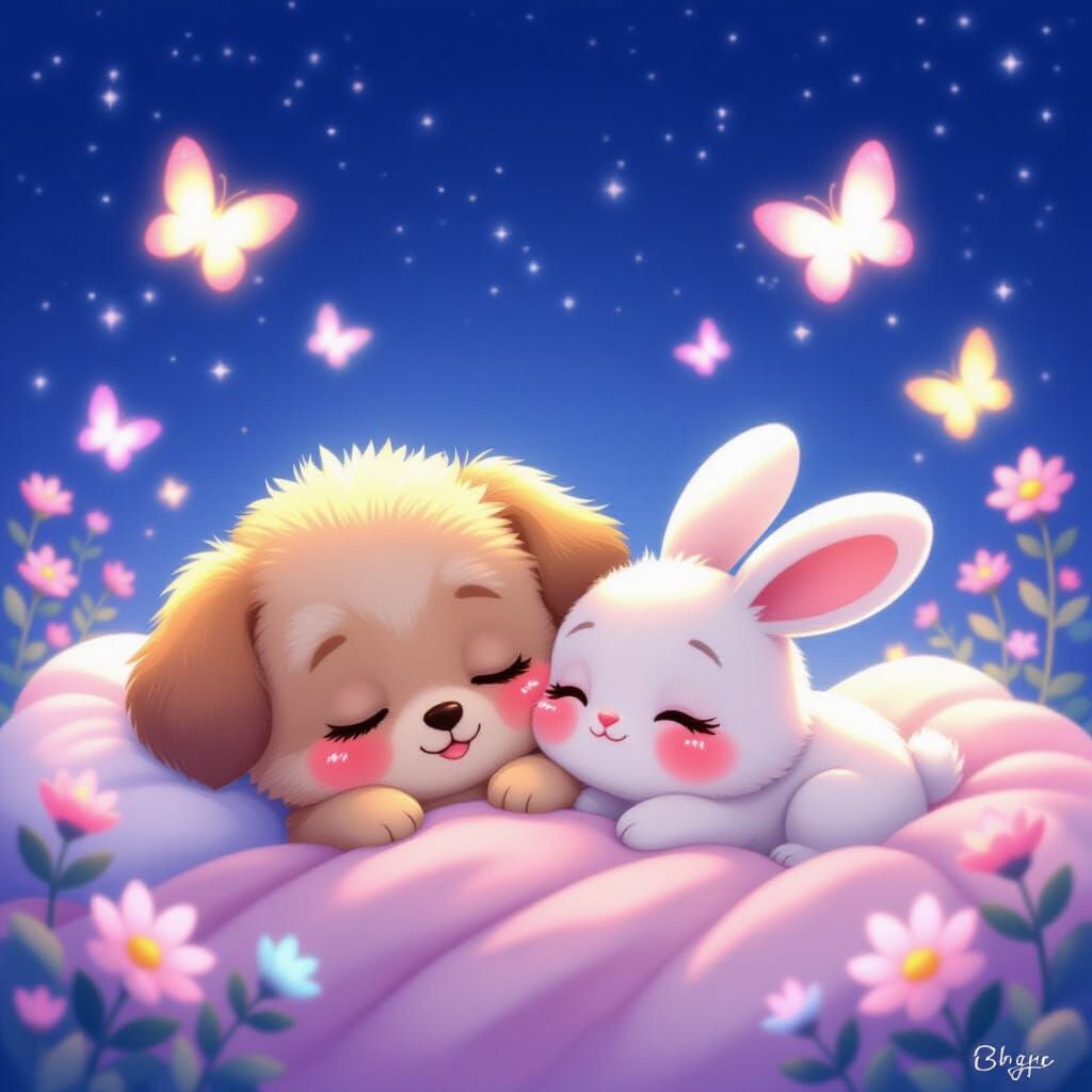 Kawaii Puppy and Bunny Sleep Under Magical Night Sky