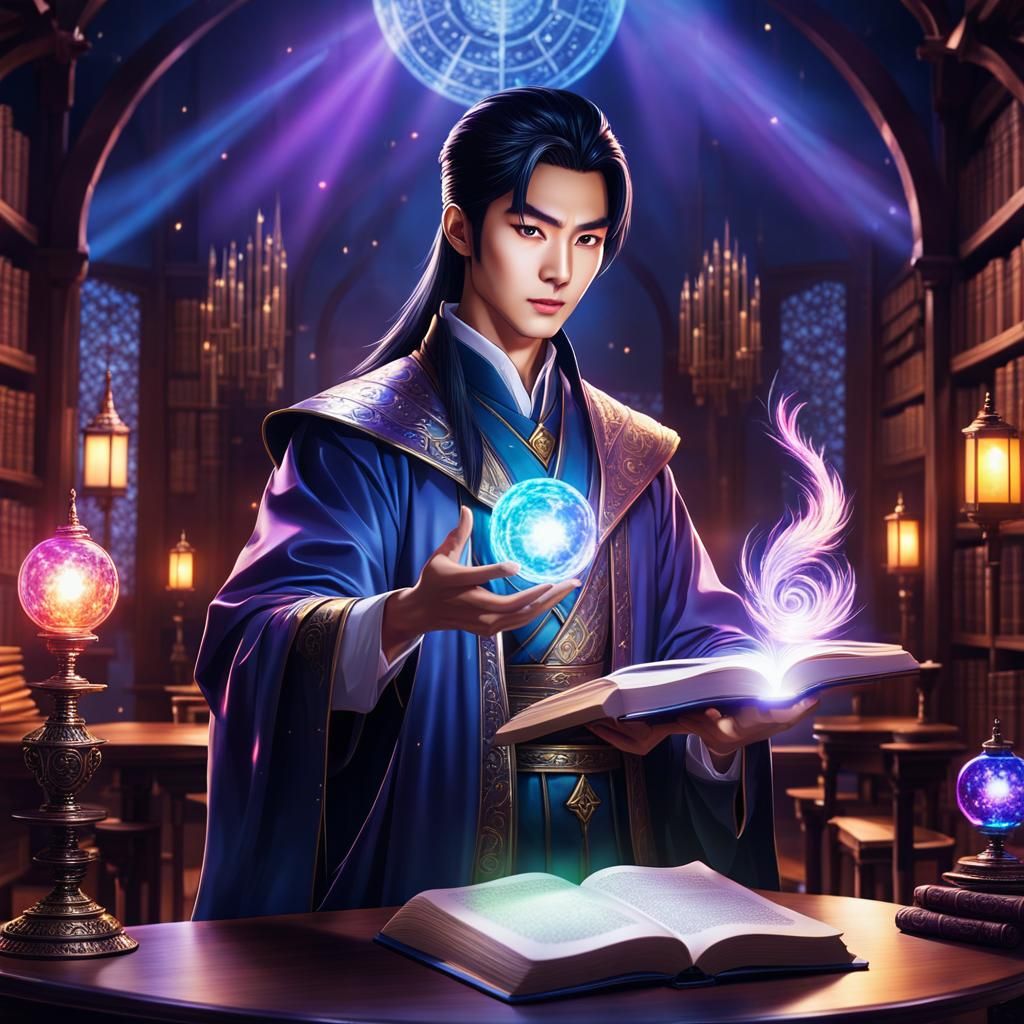 Young Asian Wizard with Iridescent Light, Anime Style