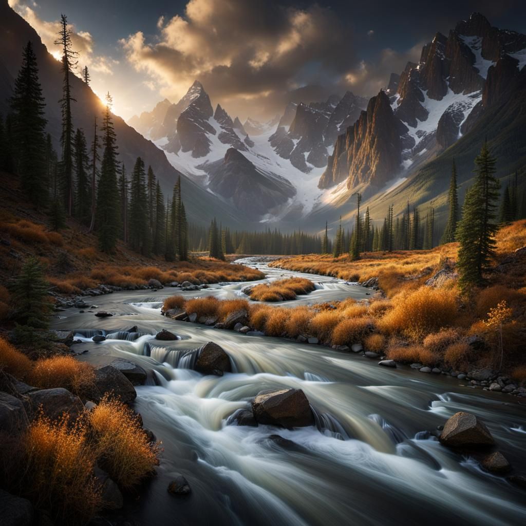 Mountain River Flies Ahead: High-Resolution Photography