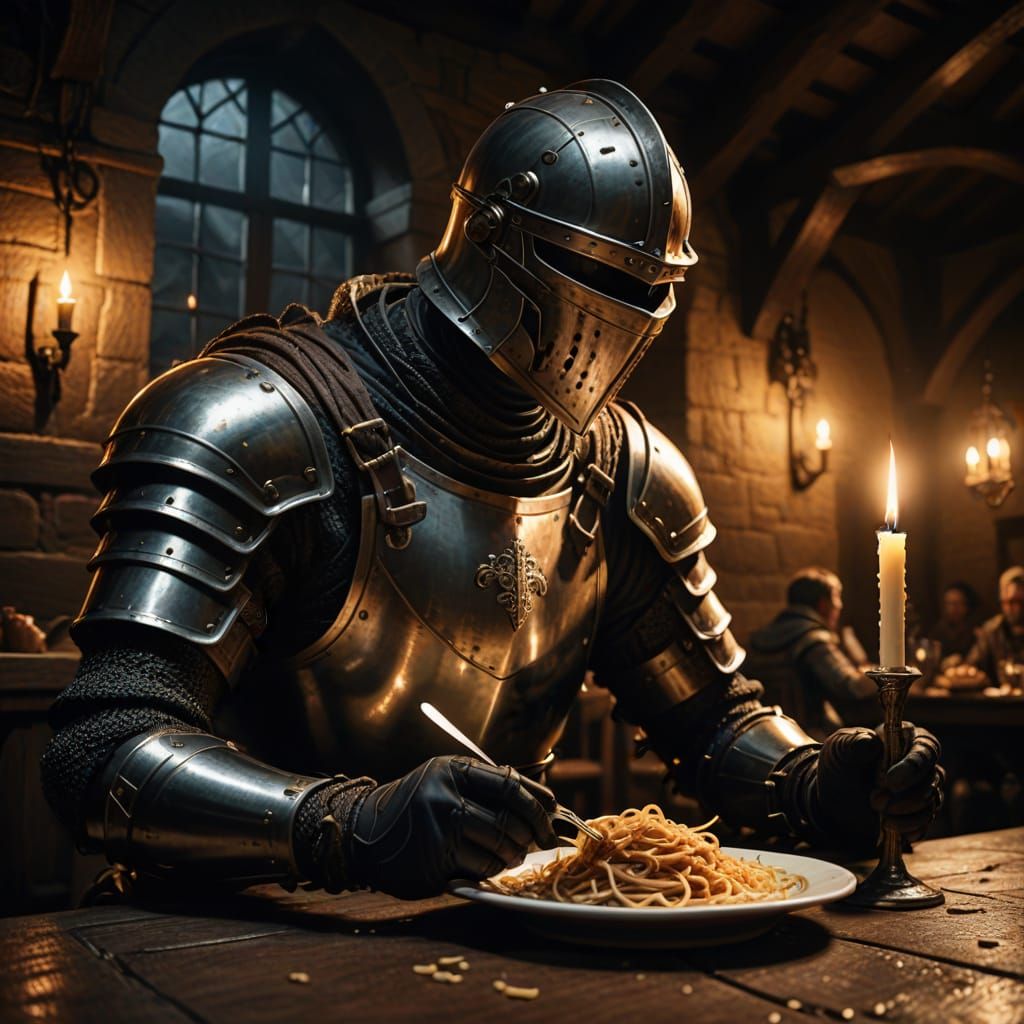 Knight Eating Spaghetti in Dim Tavern, Dark Fantasy Art