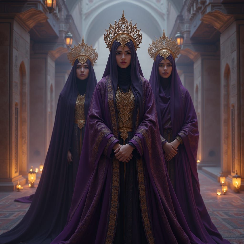 Regal Muslim Women Commanding Ancient Mosque Setting