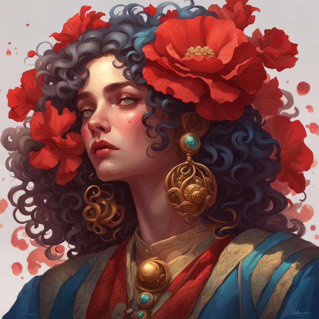 Intricate Portrait with Rings and Scarlet Begonias