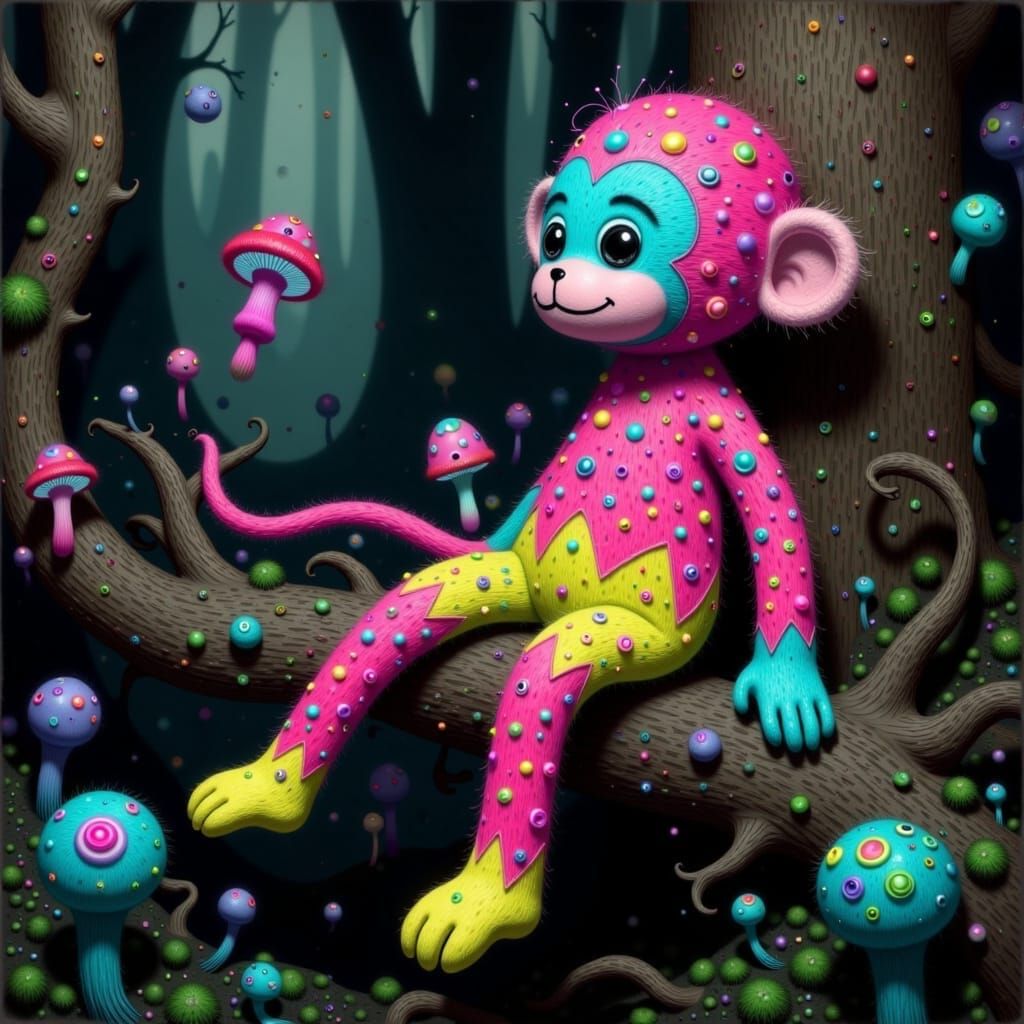 Vibrant Sock Monkey in Surreal Neon-Noir Forest