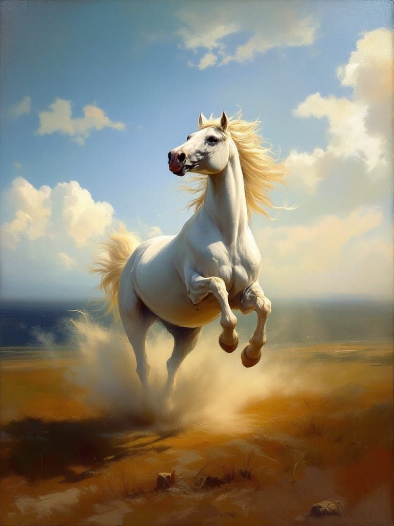 White Stallion Gallops Free in Luminous Dutch Golden Age Sty...