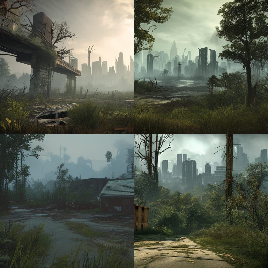 Post-Apocalyptic Cityscape with Overgrown Ruins