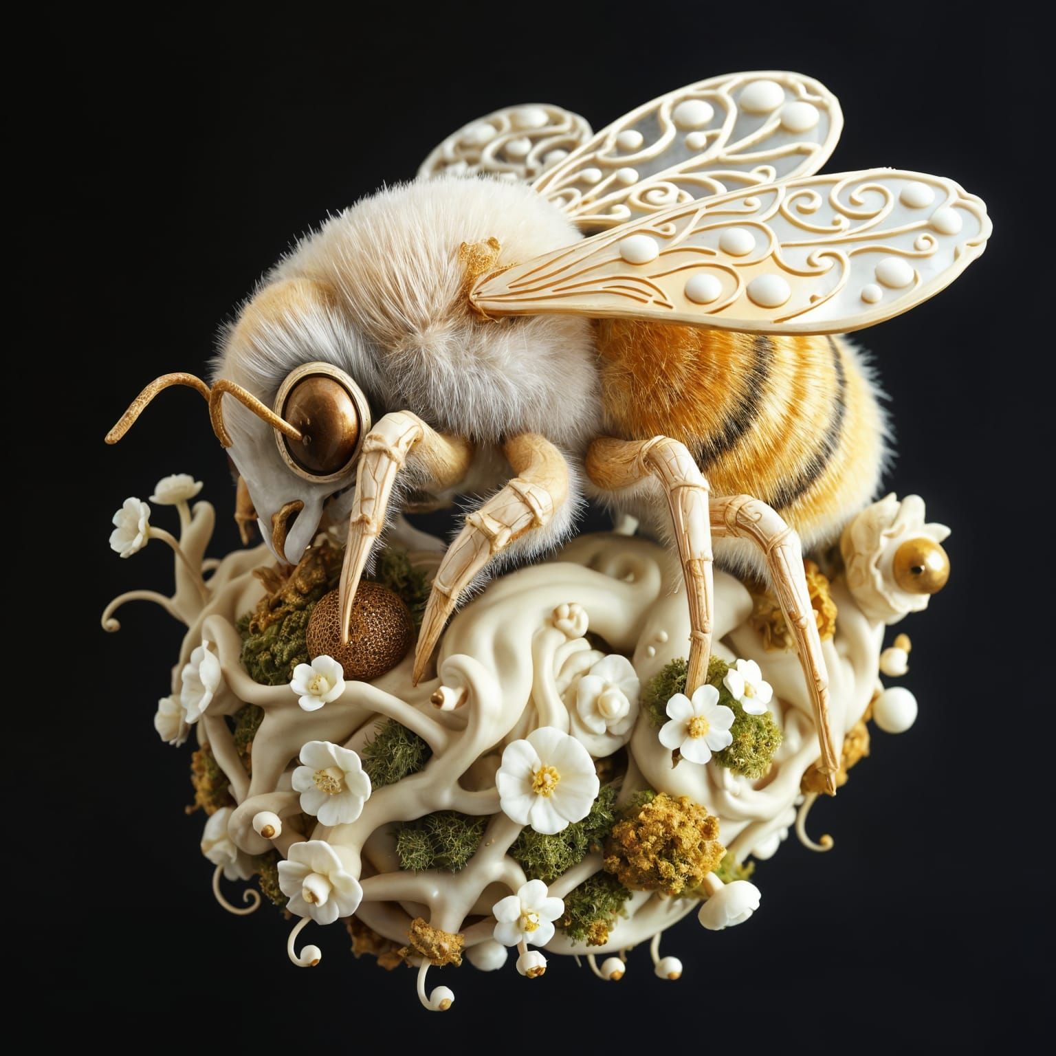 Ivory and Gold Bumblebee Sculpture with Fractal Details