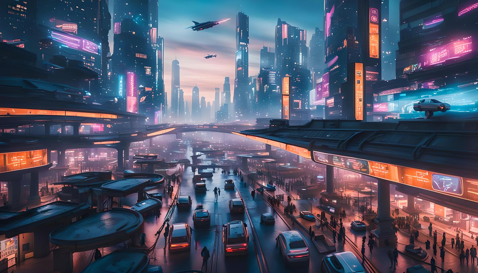 Overpopulated Cyberpunk City with Flying Cars