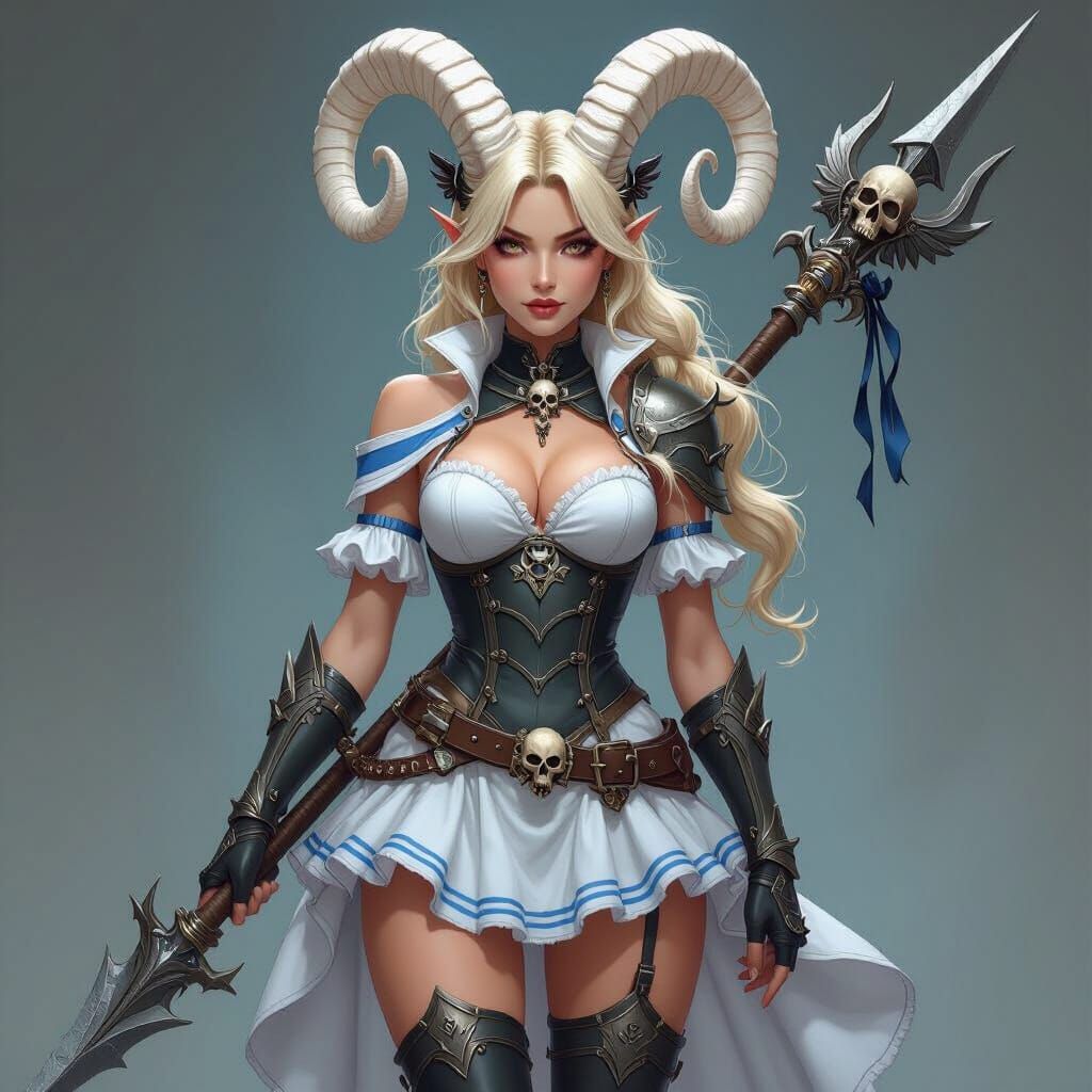 Demoness with Goat Horns and White Dress