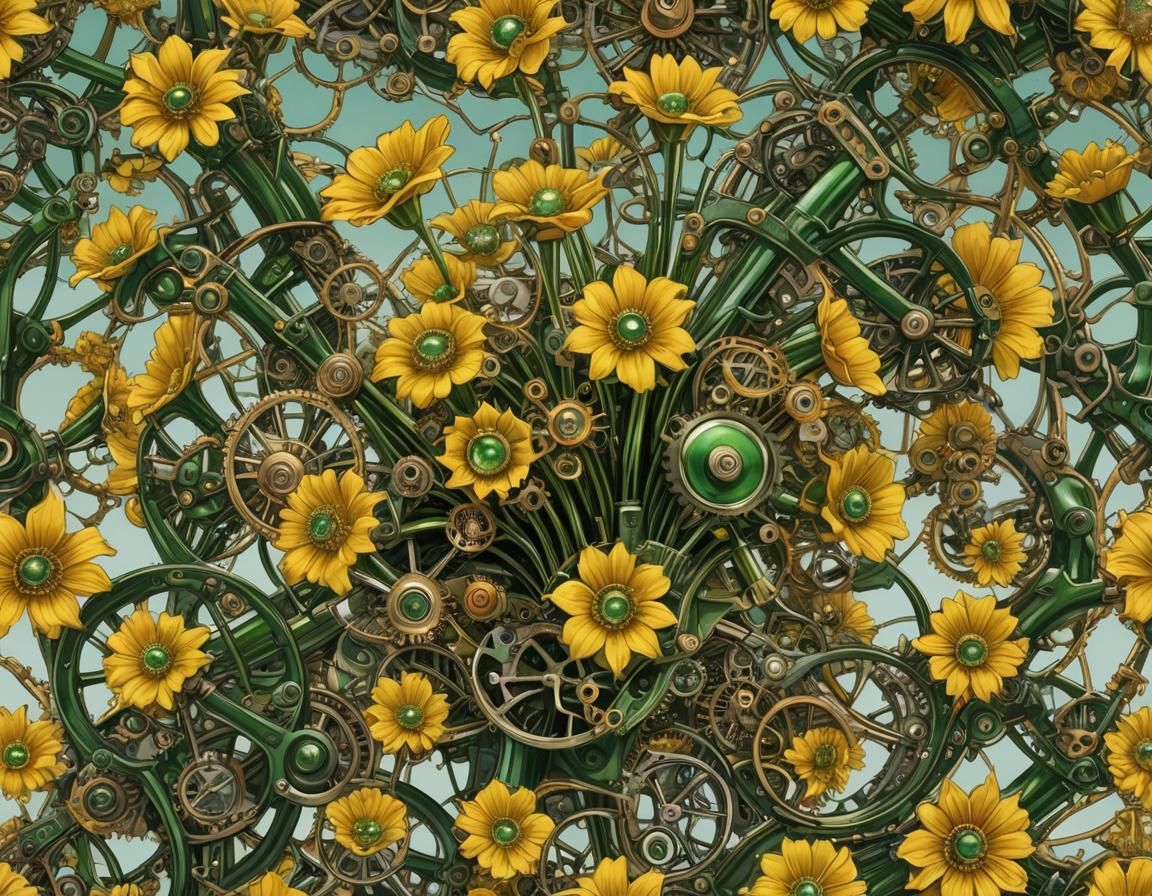 Steampunk Engine Amidst Cellophane Flowers