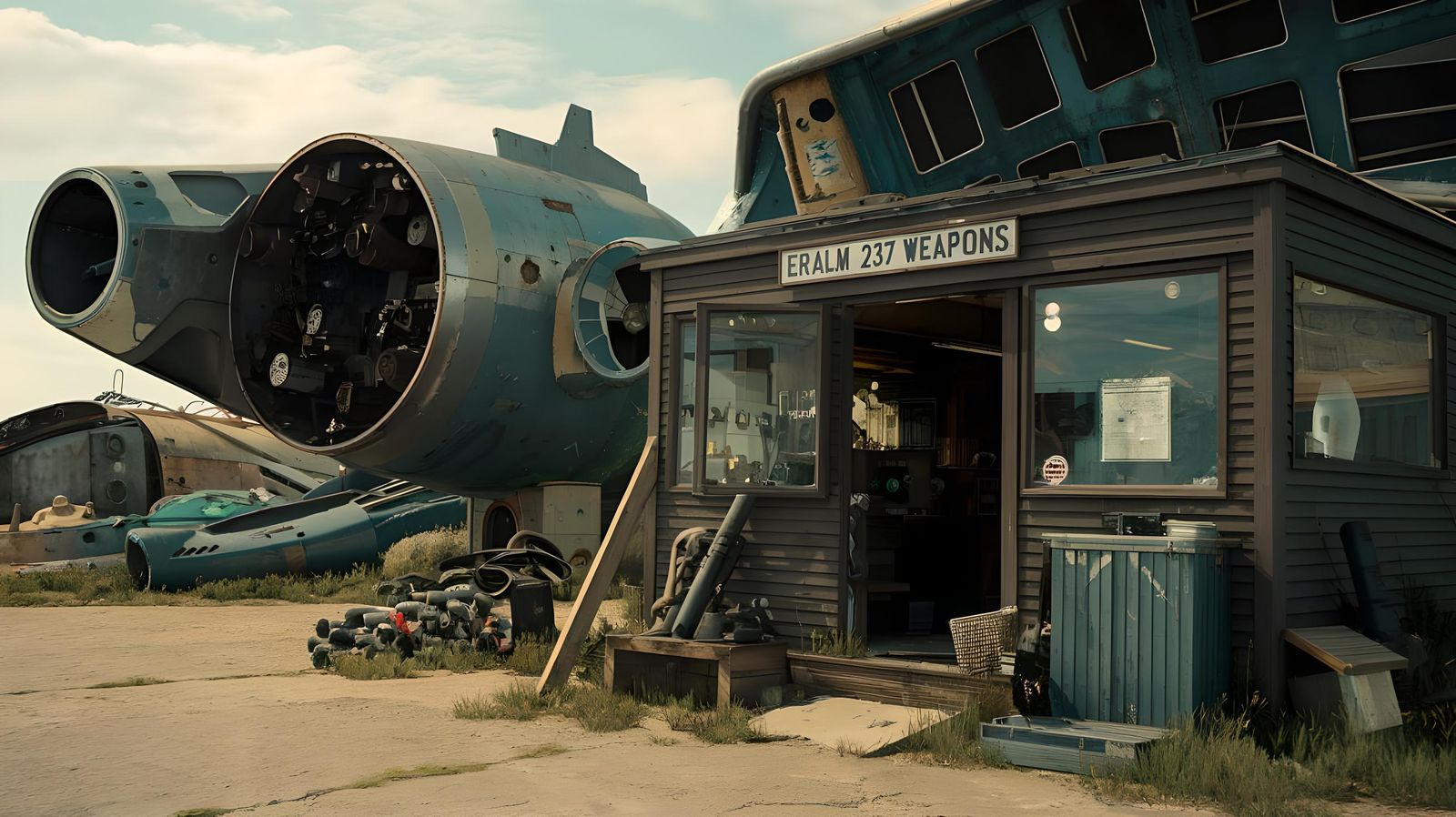 Gun Shop in Spaceship Junkyard: Cinematic Scene