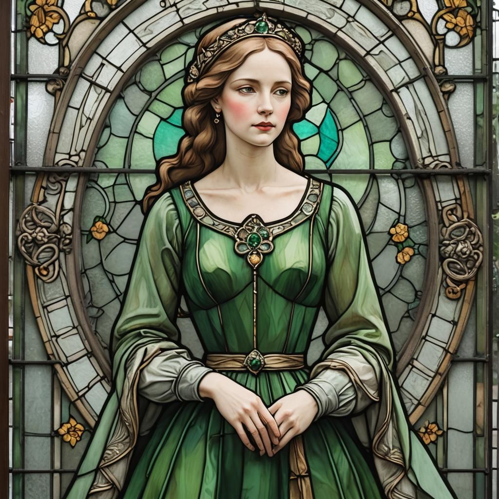 Stained Glass Woman in Green and Grey Dress
