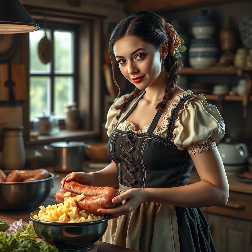 German Tradwife Making Sausage: Hyperrealistic Digital Art