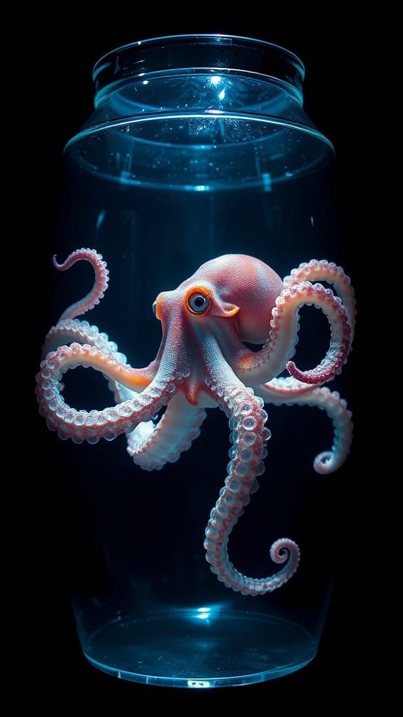Majestic Octopus in Glass Cylinder Illuminated by Spotlight