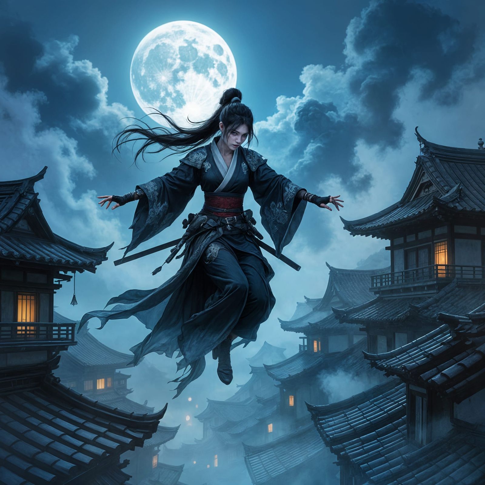 Spectral Ninja Leaping Between Village Rooftops in Dark Fant...
