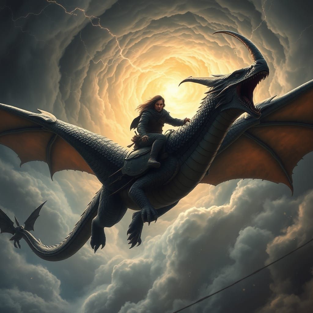 Warrior Soaring on Dragon in Tempestuous Sky
