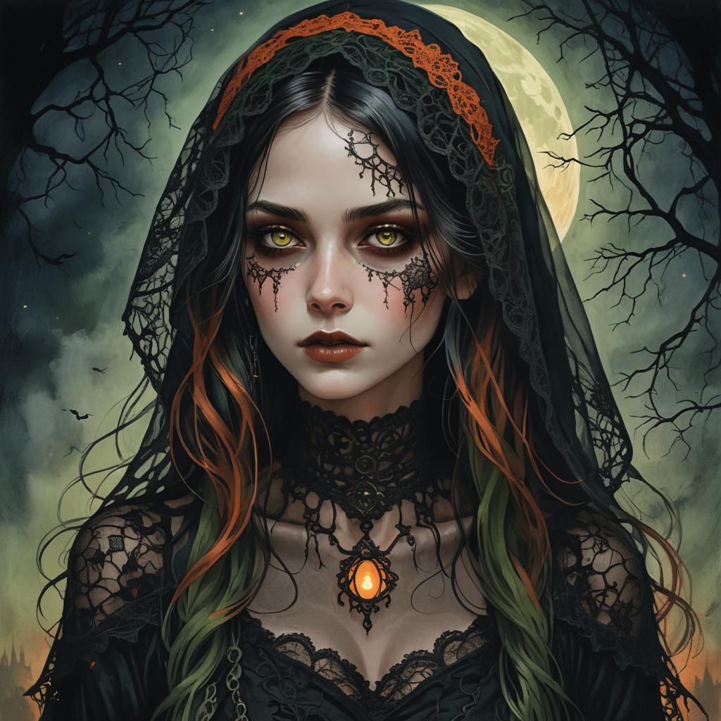 Gothic Woman with Veil in Dark Surrealism Style