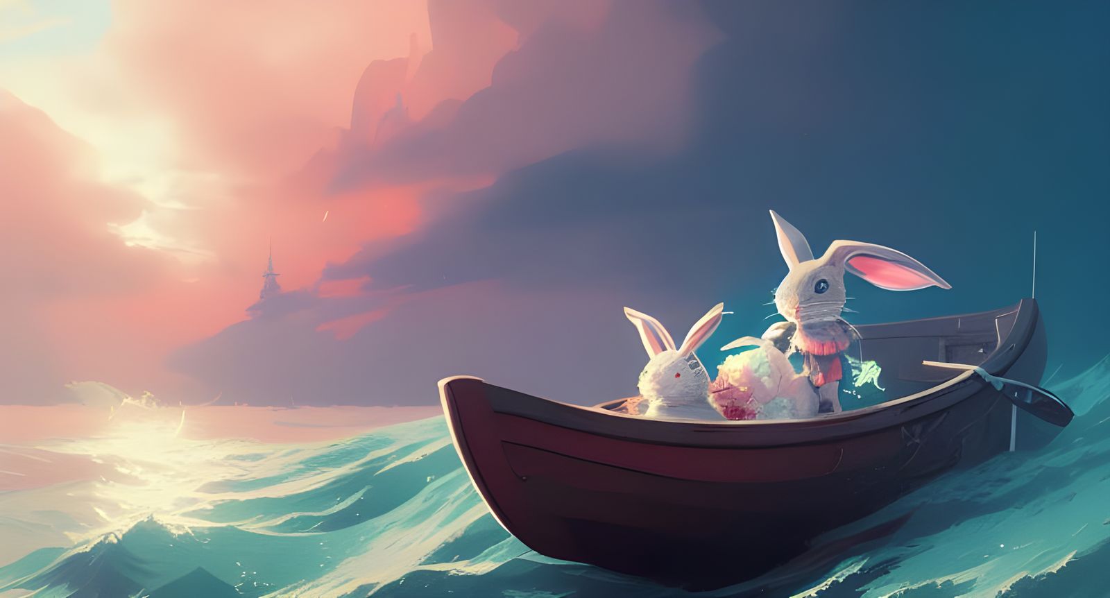 Rabbit Navigating Stormy Sea: Digital Illustration