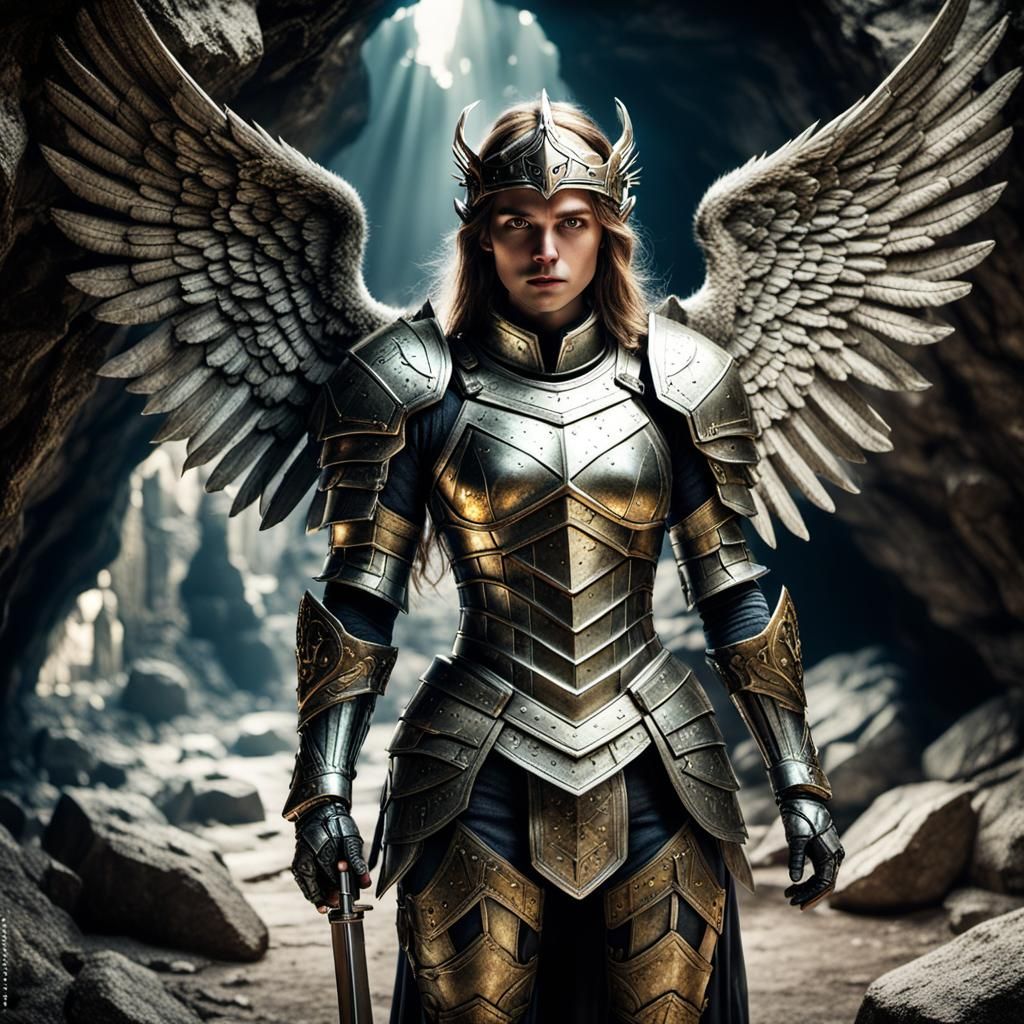 female angel knight in pyrite armor in a cave